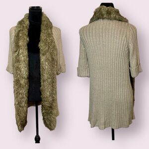 Kenar Penny Lane Style Short Sleeve Ribbed Cardigan Sweater Tan Size Small